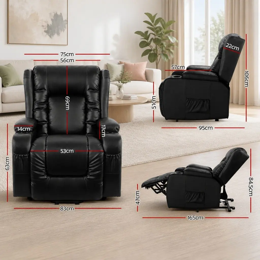 Recliner Massage Chair Adjustable Heated Lift Assist Black PU Leather