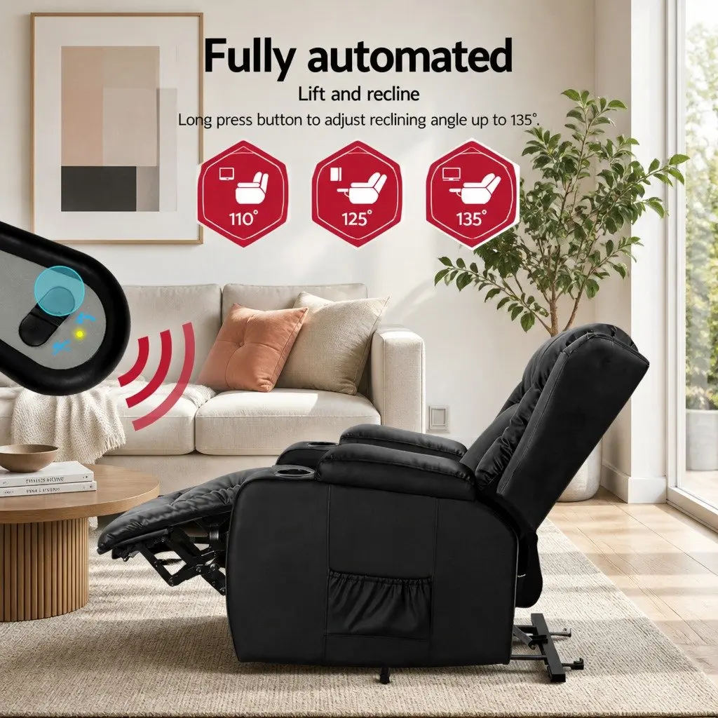 Recliner Massage Chair Adjustable Heated Lift Assist Black PU Leather
