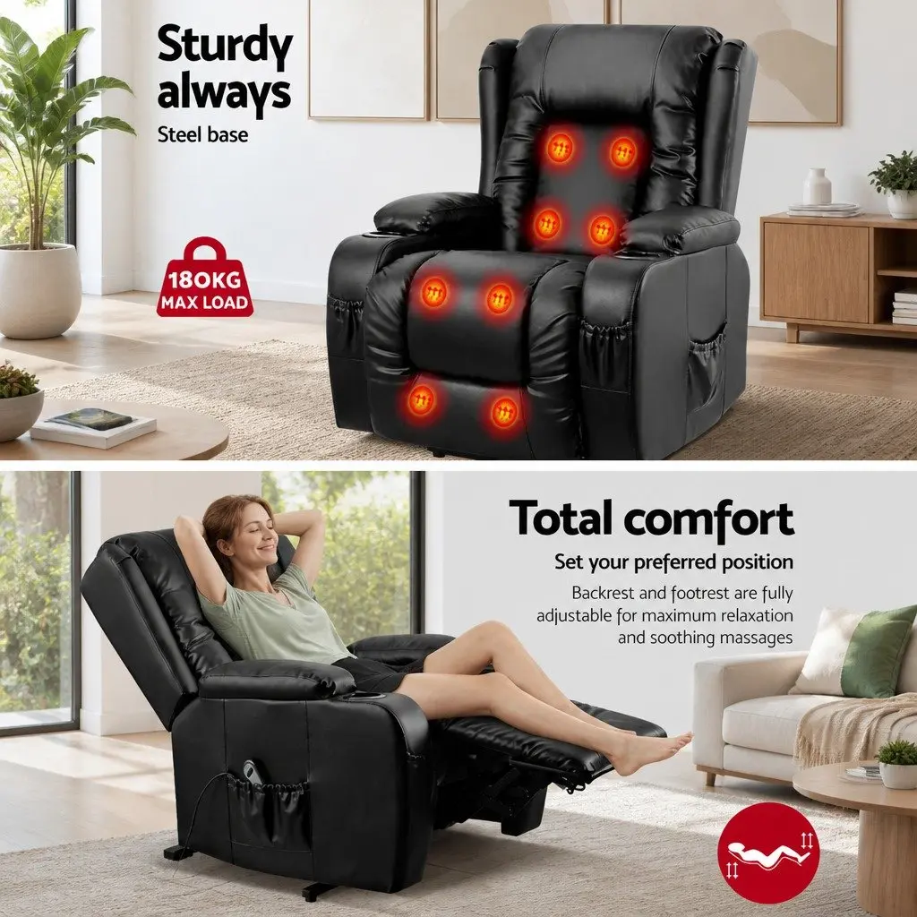 Recliner Massage Chair Adjustable Heated Lift Assist Black PU Leather