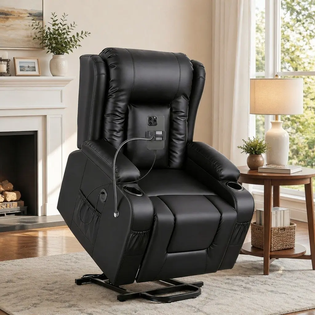 Power Lift Recliner Chair Electric Massage Heat Black PU Leather 83 cm Width