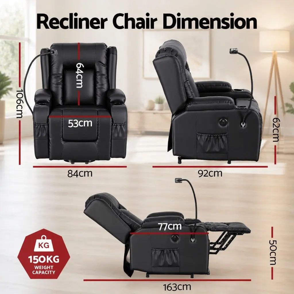 Power Lift Recliner Chair Electric Massage Heat Black PU Leather 83 cm Width