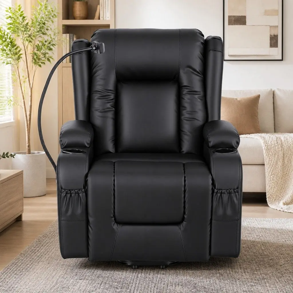 Power Lift Recliner Chair Electric Massage Heat Black PU Leather 83 cm Width