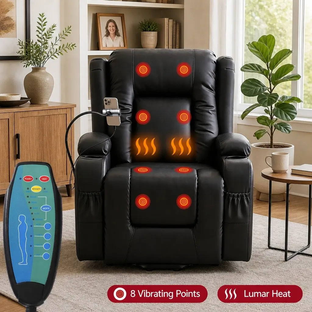 Power Lift Recliner Chair Electric Massage Heat Black PU Leather 83 cm Width