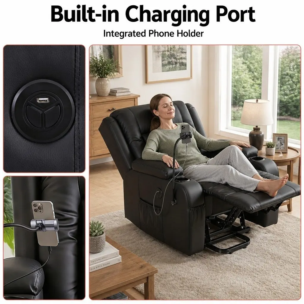 Power Lift Recliner Chair Electric Massage Heat Black PU Leather 83 cm Width