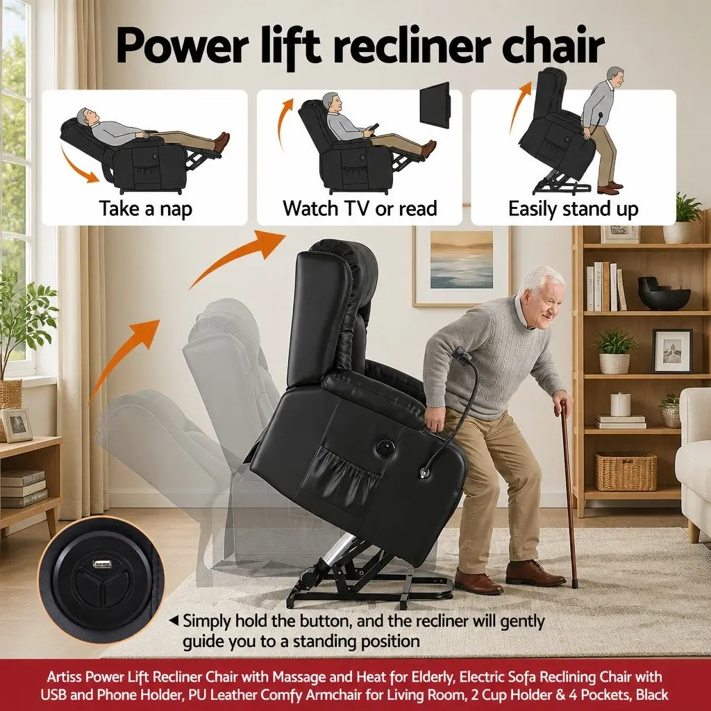Power Lift Recliner Chair Electric Massage Heat Black PU Leather 83 cm Width