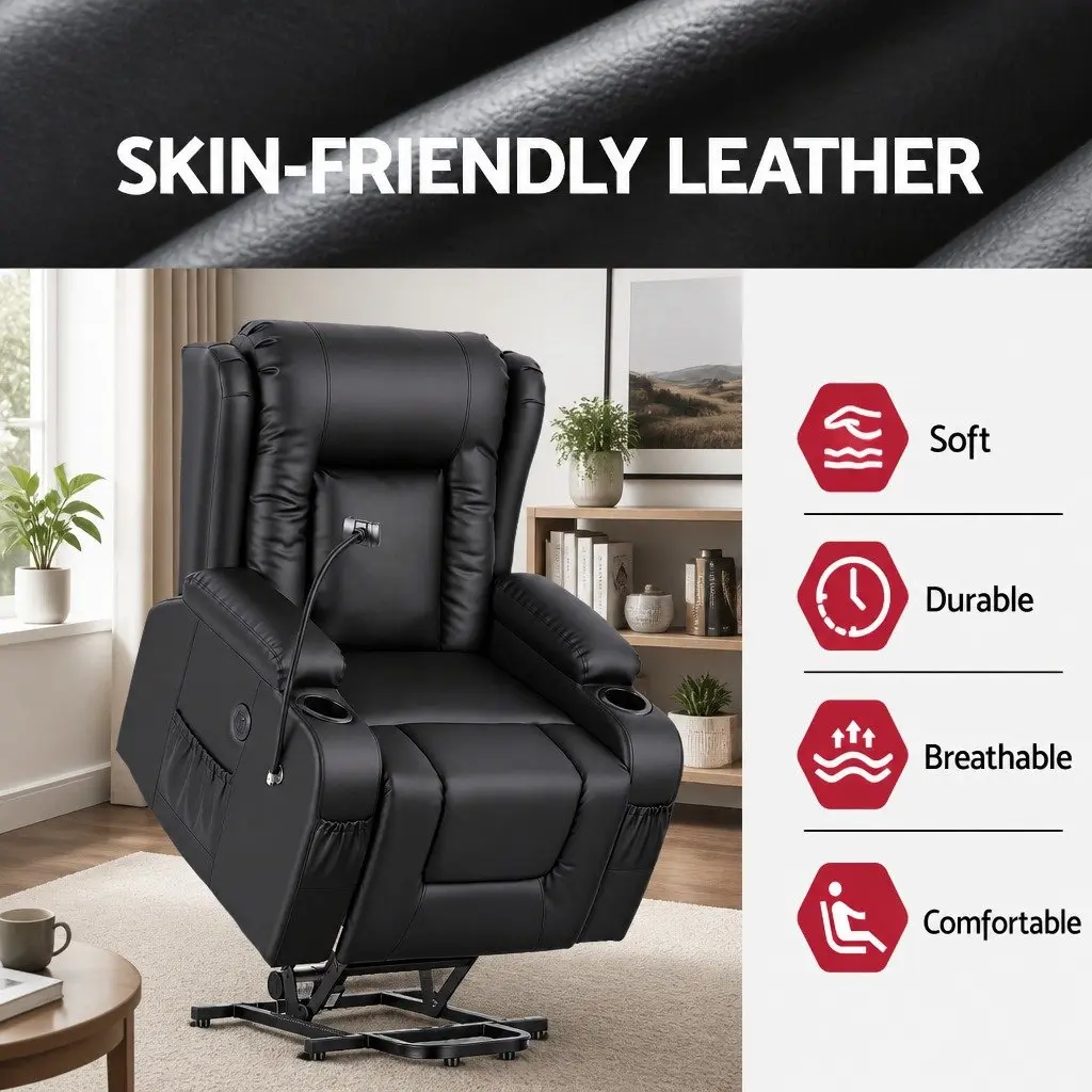 Power Lift Recliner Chair Electric Massage Heat Black PU Leather 83 cm Width