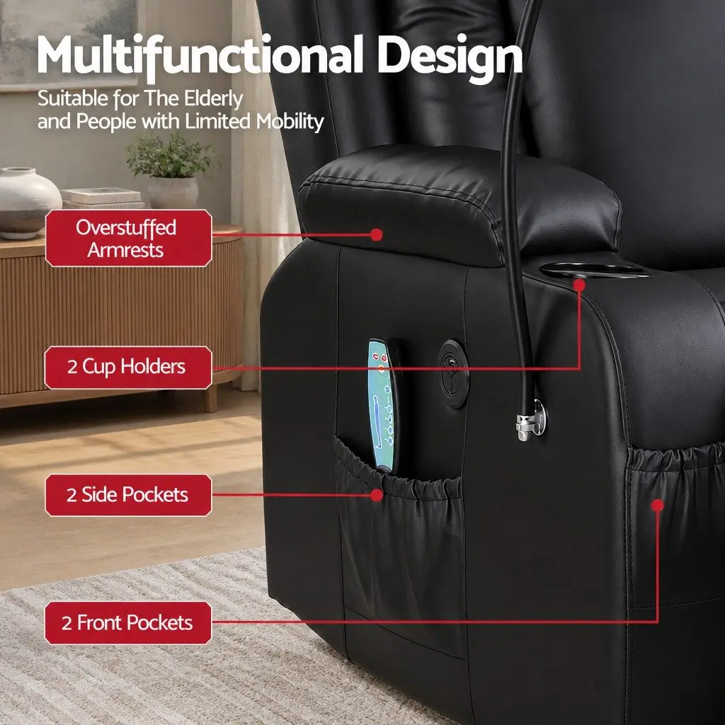 Power Lift Recliner Chair Electric Massage Heat Black PU Leather 83 cm Width