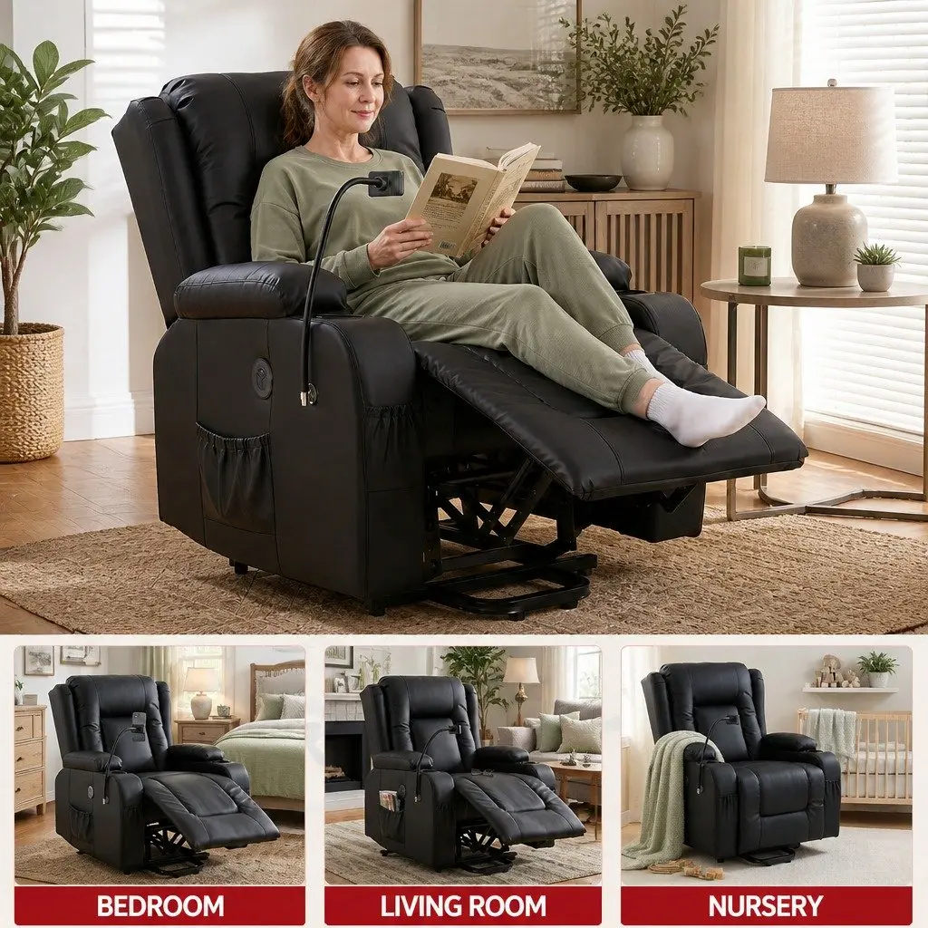 Power Lift Recliner Chair Electric Massage Heat Black PU Leather 83 cm Width