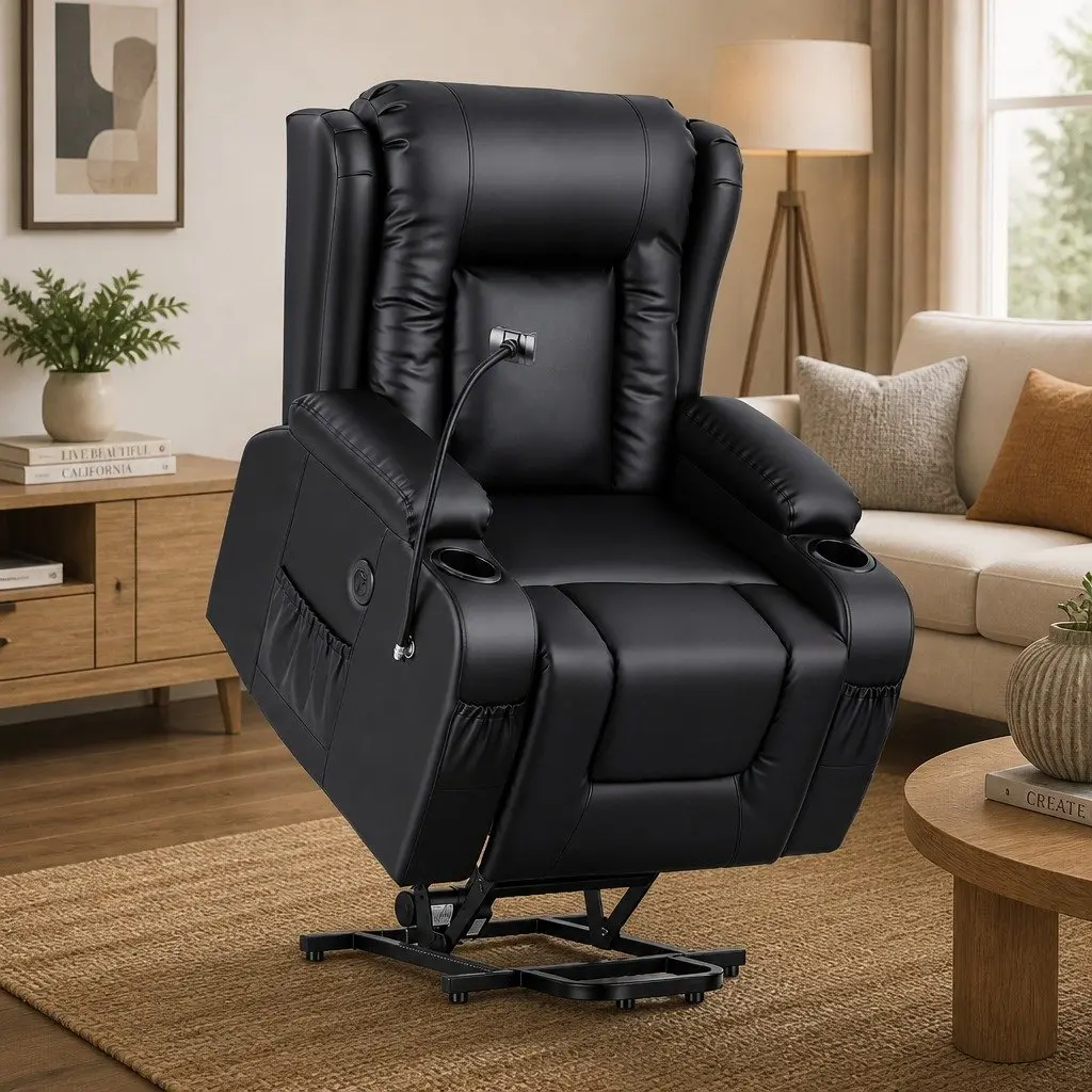 Power Lift Recliner Chair Electric Massage Heat Black PU Leather 83 cm Width
