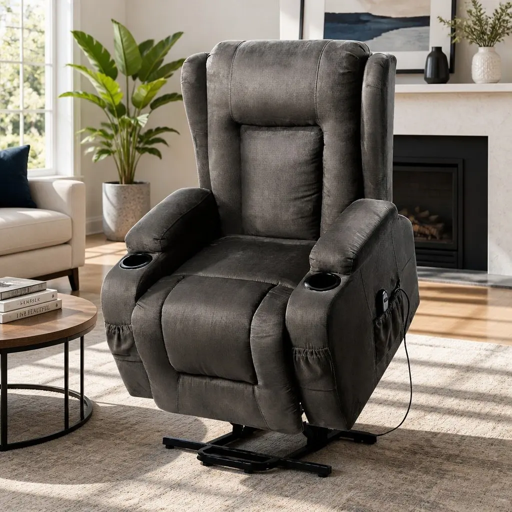 Massage Recliner Chair Heated 8-Point Adjustable Backrest Footrest Suede Fabric Grey