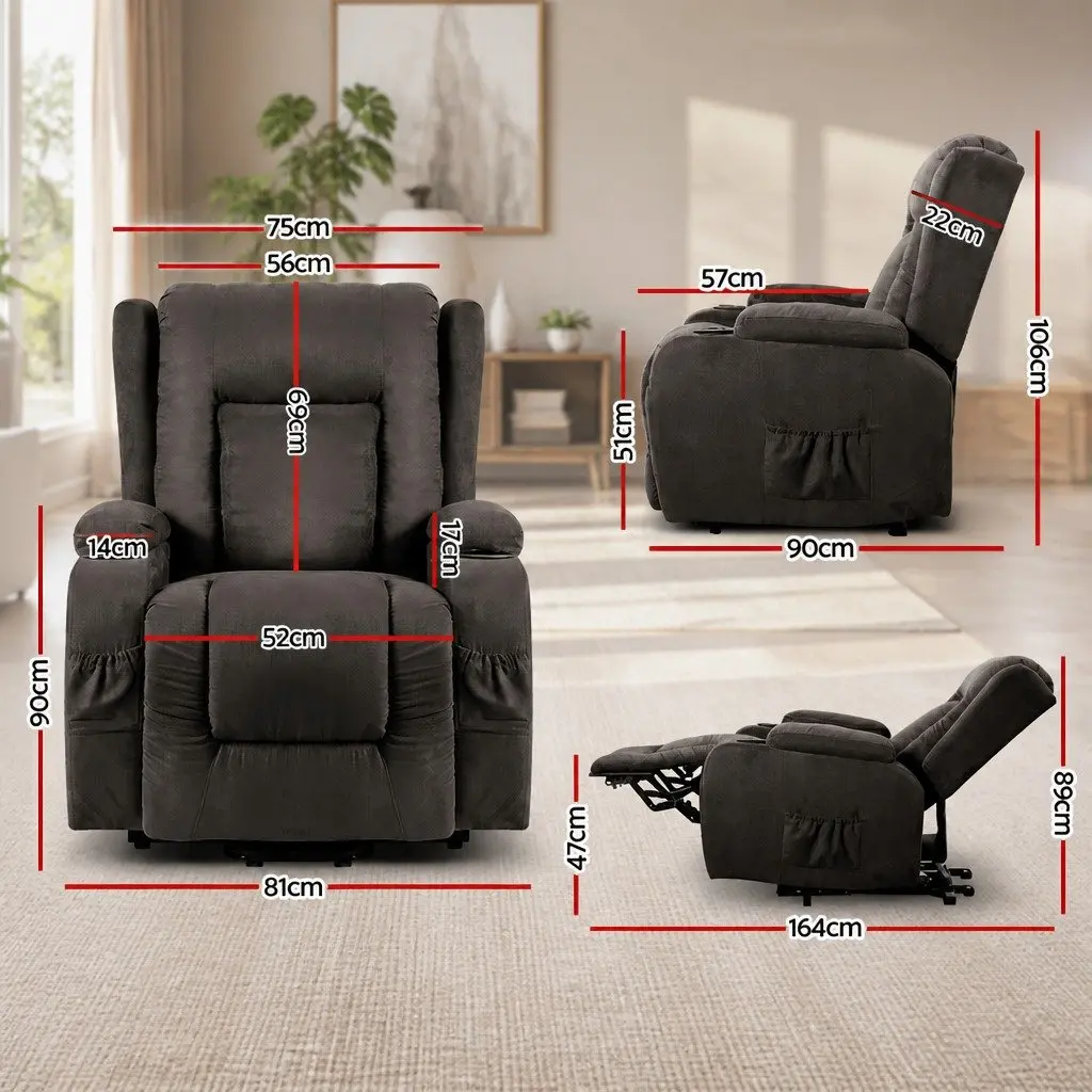 Massage Recliner Chair Heated 8-Point Adjustable Backrest Footrest Suede Fabric Grey