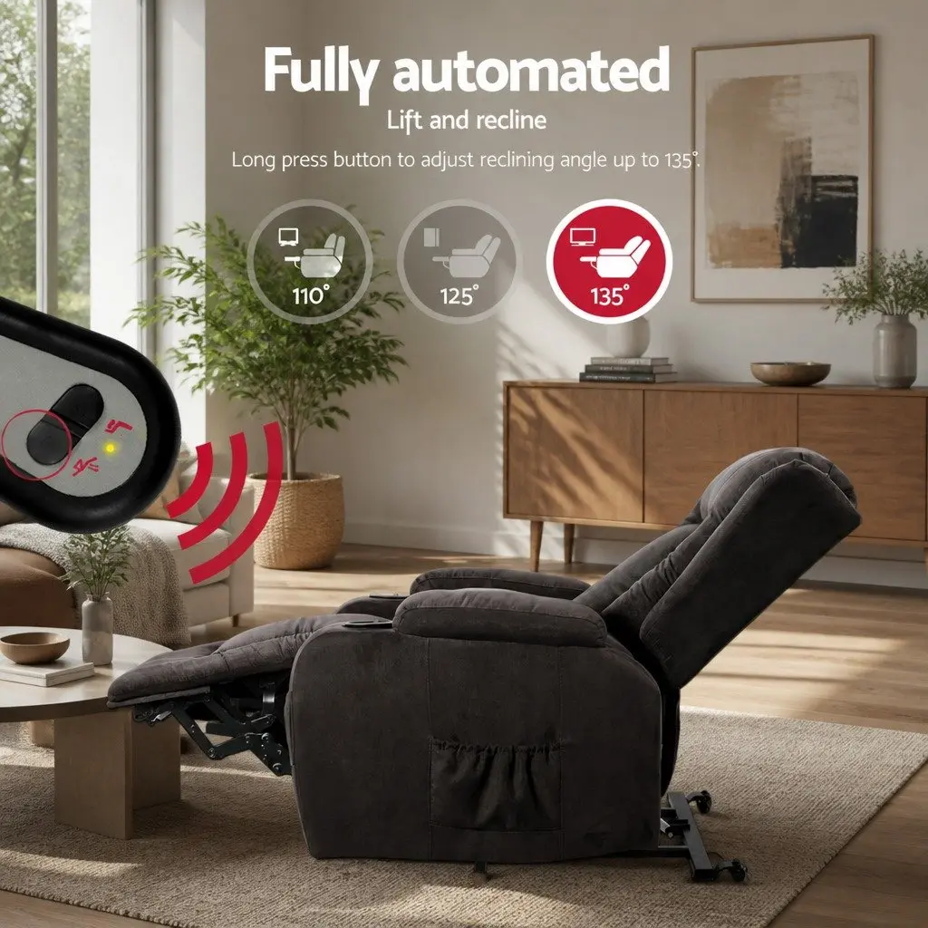 Massage Recliner Chair Heated 8-Point Adjustable Backrest Footrest Suede Fabric Grey