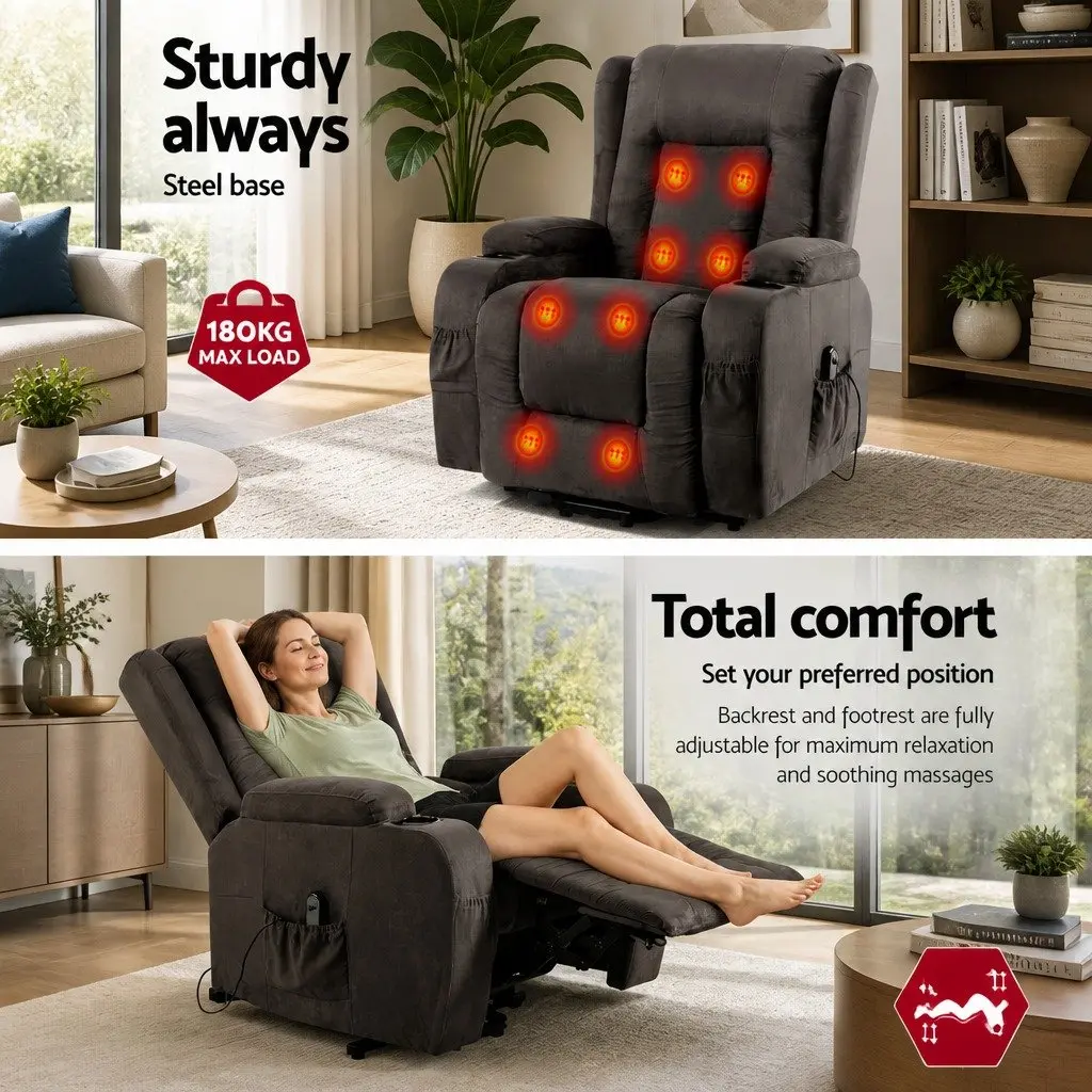 Massage Recliner Chair Heated 8-Point Adjustable Backrest Footrest Suede Fabric Grey