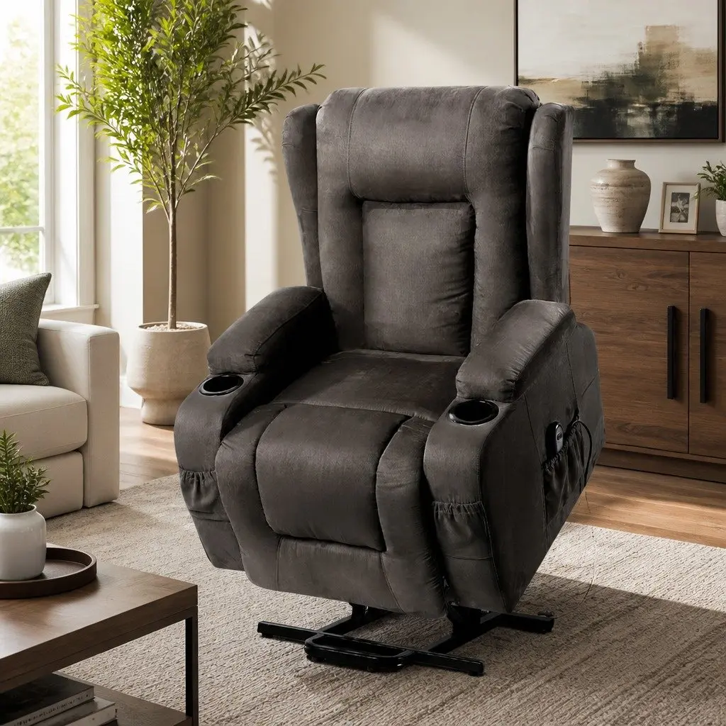 Massage Recliner Chair Heated 8-Point Adjustable Backrest Footrest Suede Fabric Grey