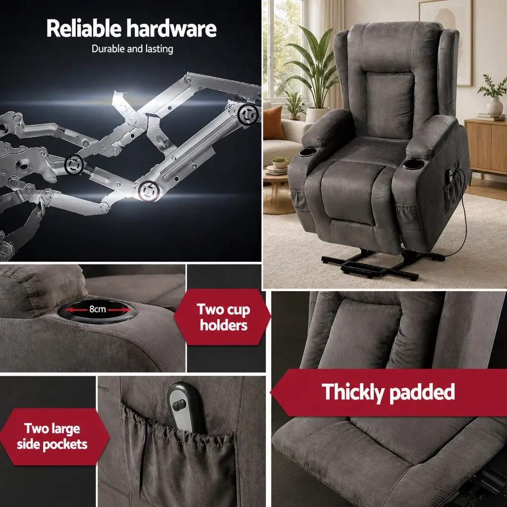 Massage Recliner Chair Heated 8-Point Adjustable Backrest Footrest Suede Fabric Grey