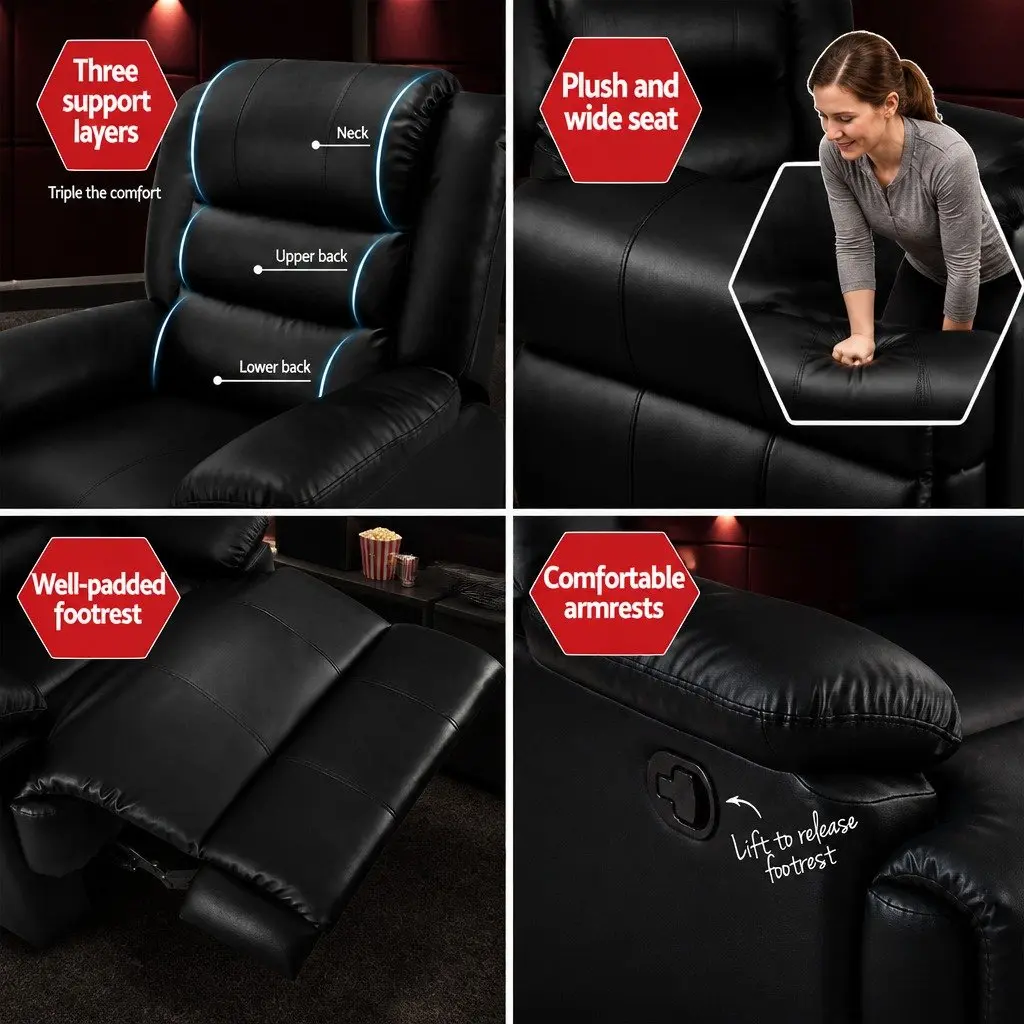 Recliner Chair Black PU Leather Adjustable Backrest Footrest Lounge