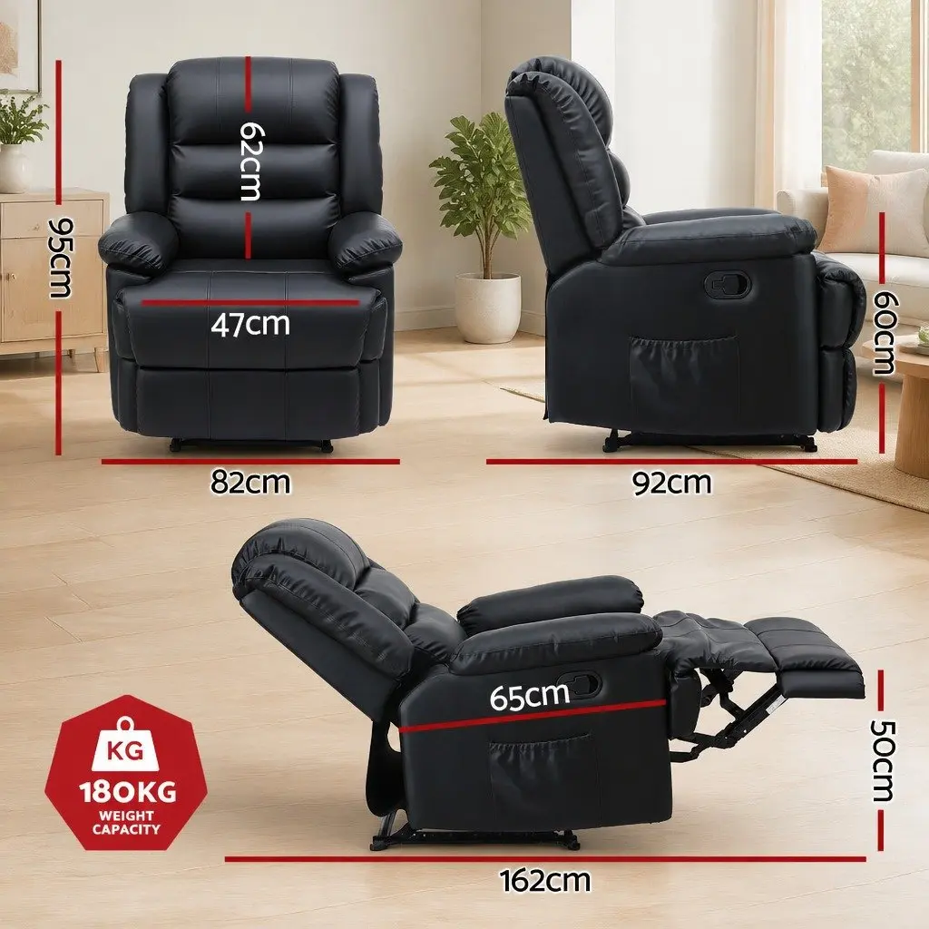 Manual Recliner Chair Black PU Leather with Footrest and Dual 16 Colour LED Lights