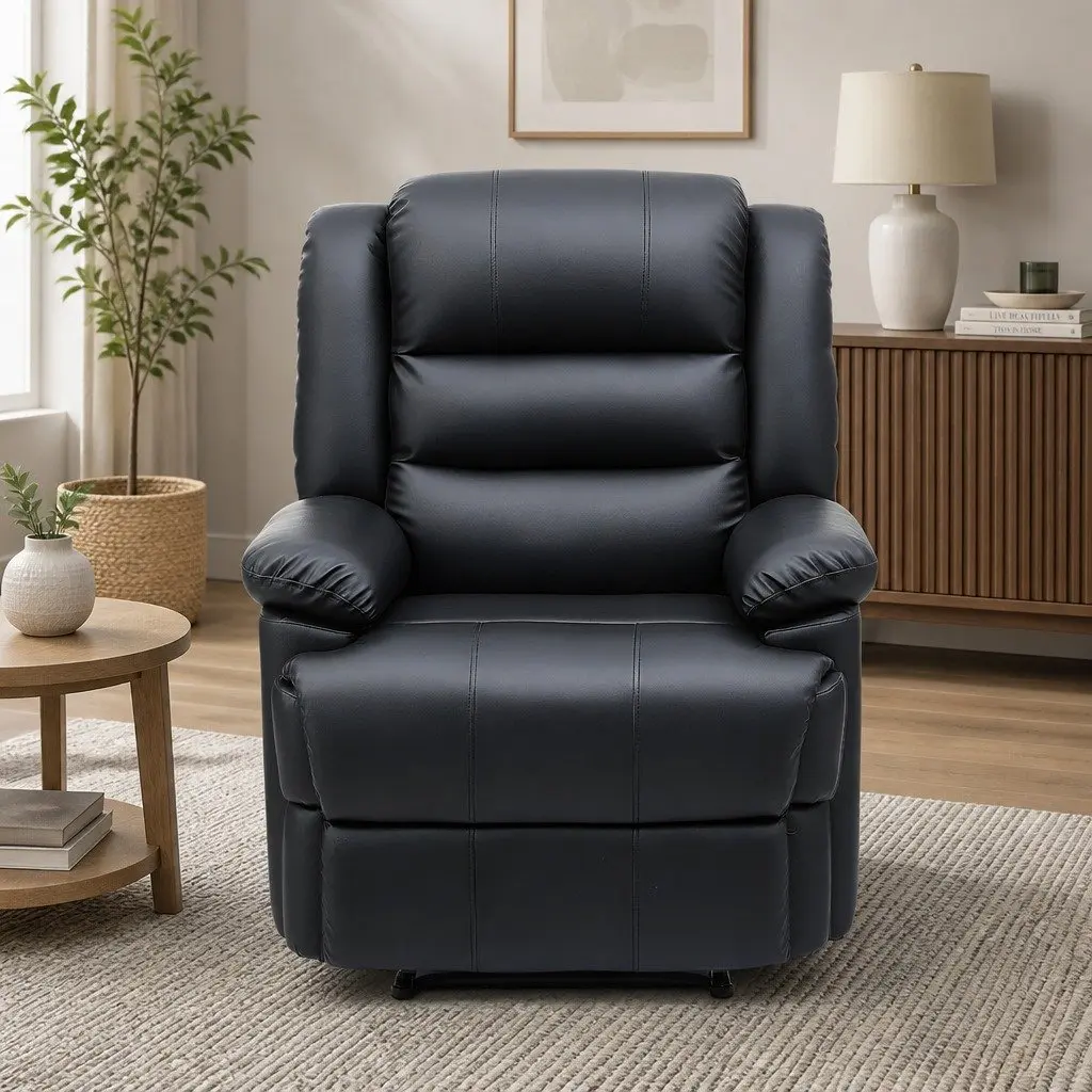 Manual Recliner Chair Black PU Leather with Footrest and Dual 16 Colour LED Lights