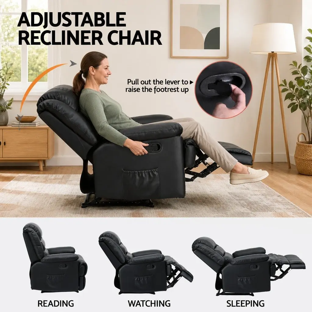 Manual Recliner Chair Black PU Leather with Footrest and Dual 16 Colour LED Lights