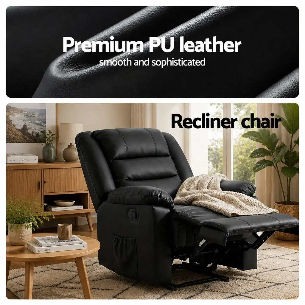 Manual Recliner Chair Black PU Leather with Footrest and Dual 16 Colour LED Lights