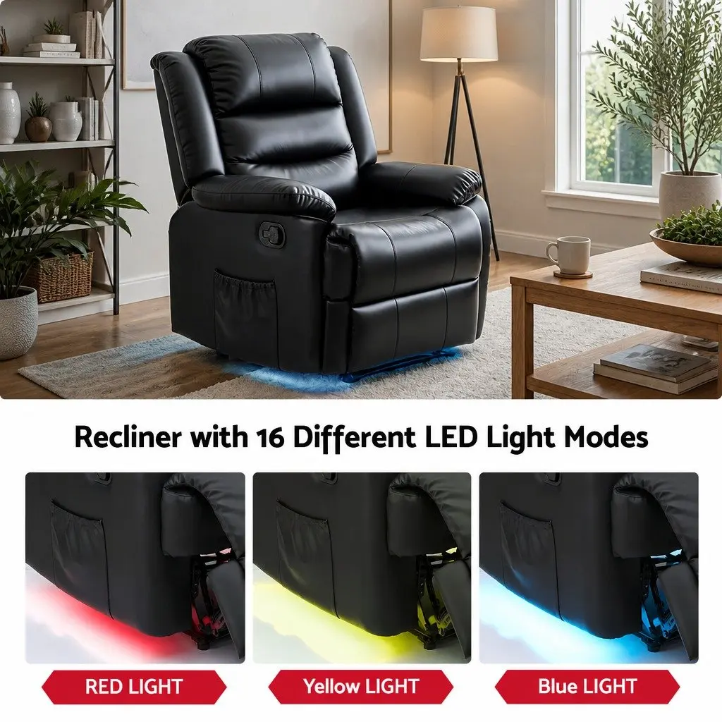 Manual Recliner Chair Black PU Leather with Footrest and Dual 16 Colour LED Lights