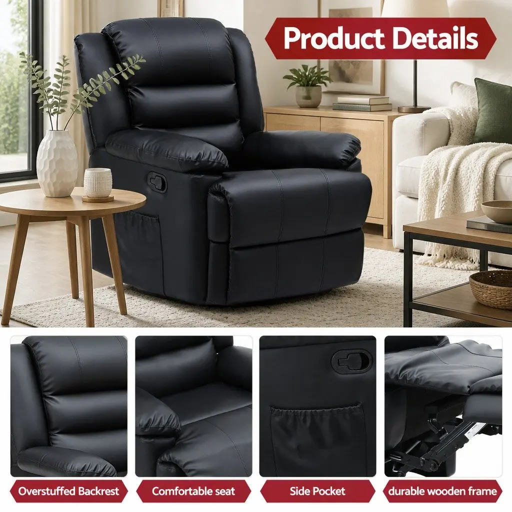 Manual Recliner Chair Black PU Leather with Footrest and Dual 16 Colour LED Lights