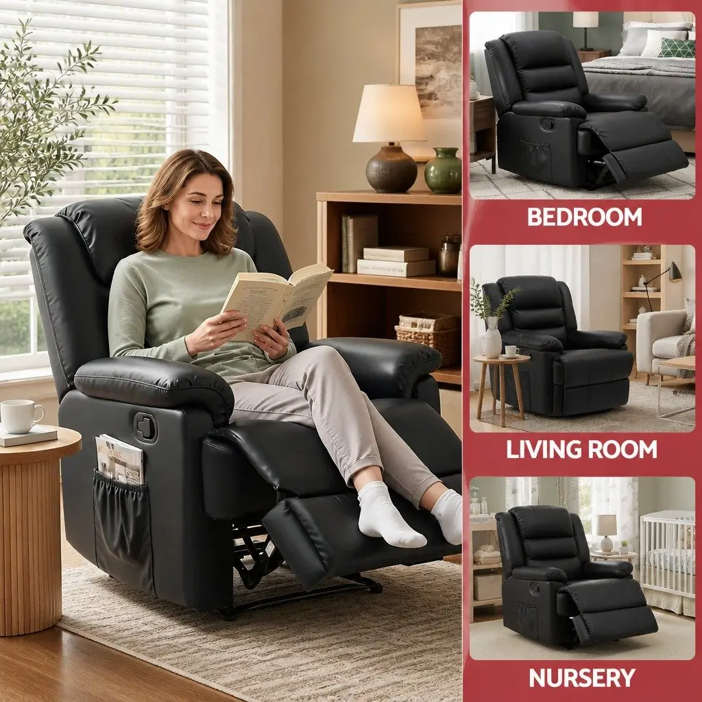 Manual Recliner Chair Black PU Leather with Footrest and Dual 16 Colour LED Lights