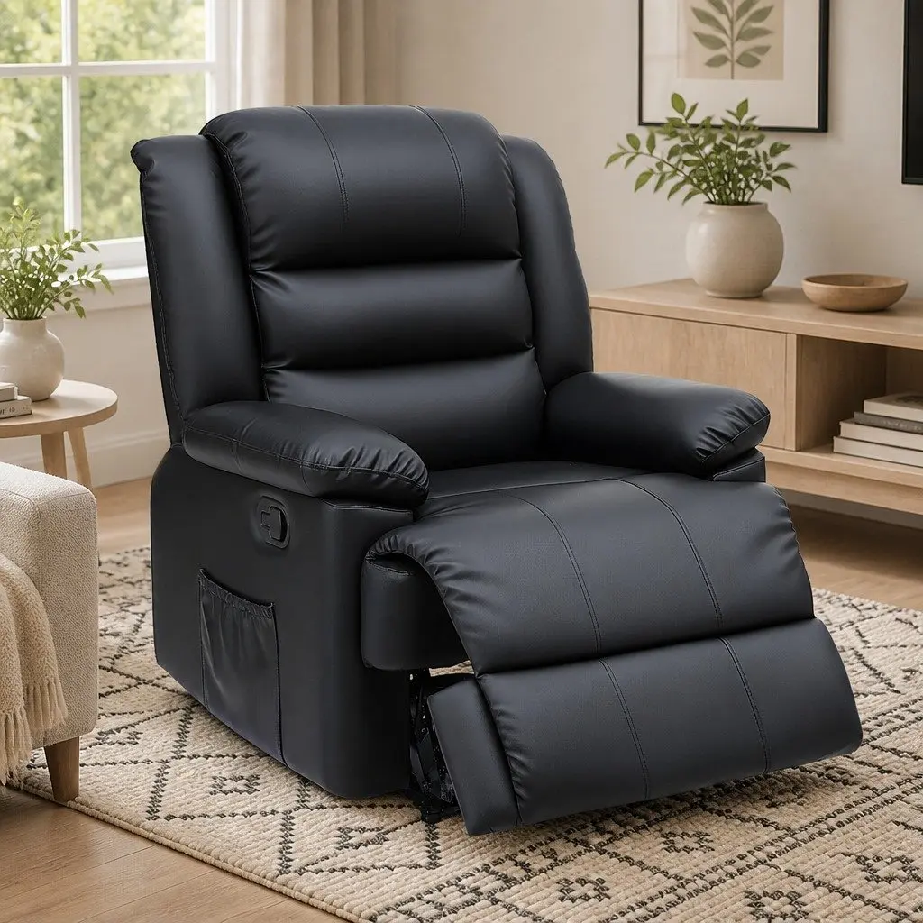 Manual Recliner Chair Black PU Leather with Footrest and Dual 16 Colour LED Lights