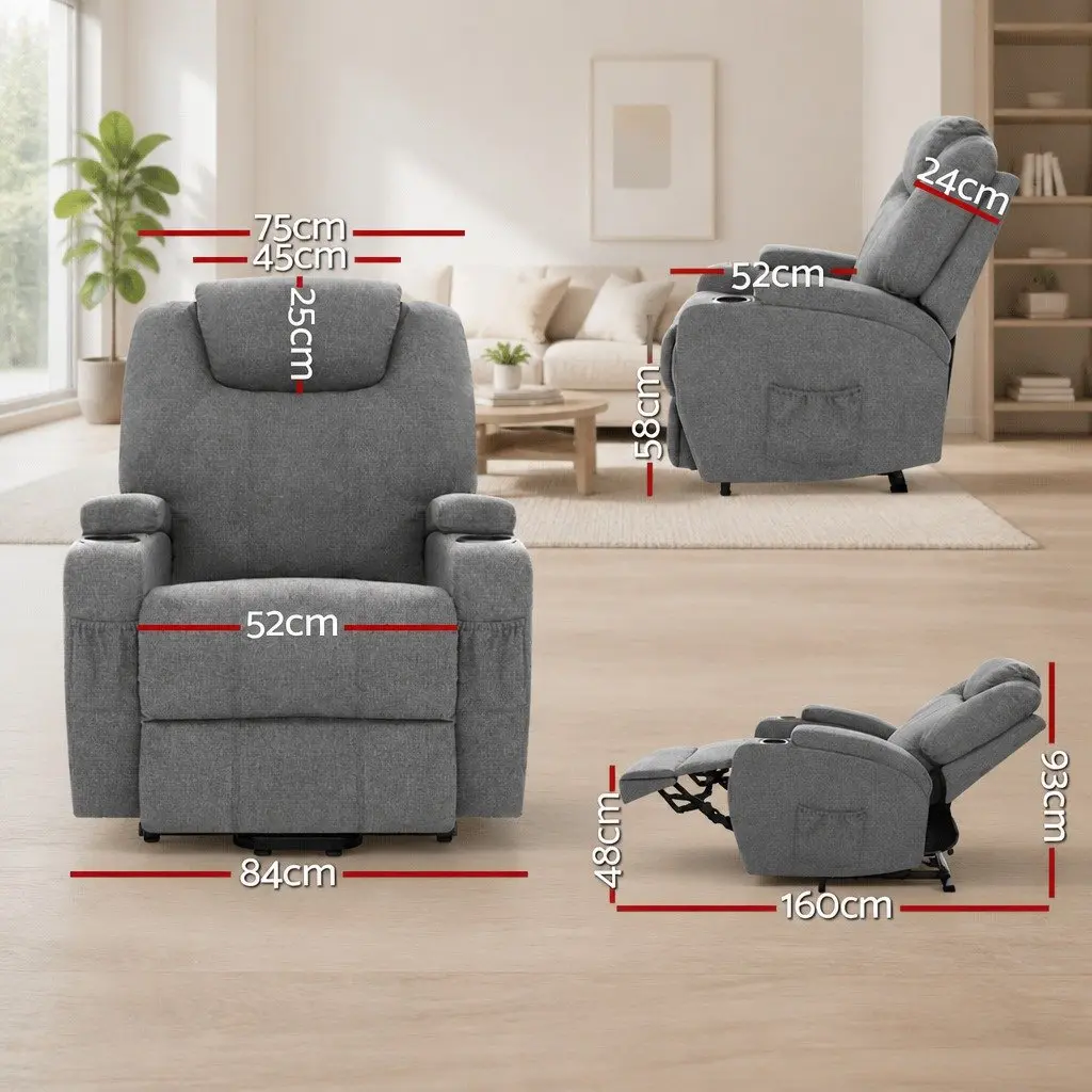 Massage Recliner Chair Velvet Grey Adjustable Backrest Lift Assist Heated