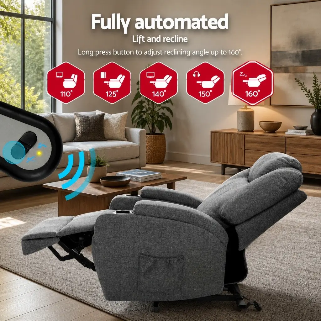 Massage Recliner Chair Velvet Grey Adjustable Backrest Lift Assist Heated