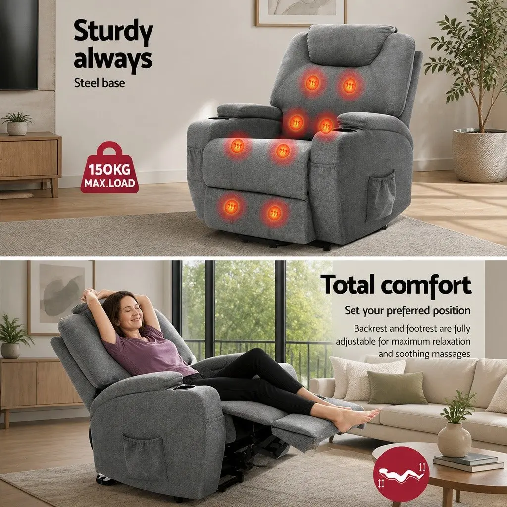 Massage Recliner Chair Velvet Grey Adjustable Backrest Lift Assist Heated