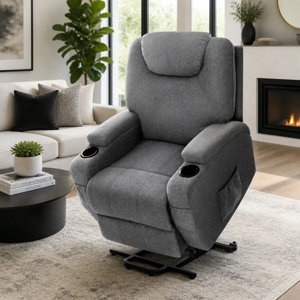 Massage Recliner Chair Velvet Grey Adjustable Backrest Lift Assist Heated
