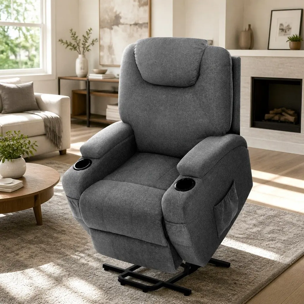 Massage Recliner Chair Velvet Grey Adjustable Backrest Lift Assist Heated
