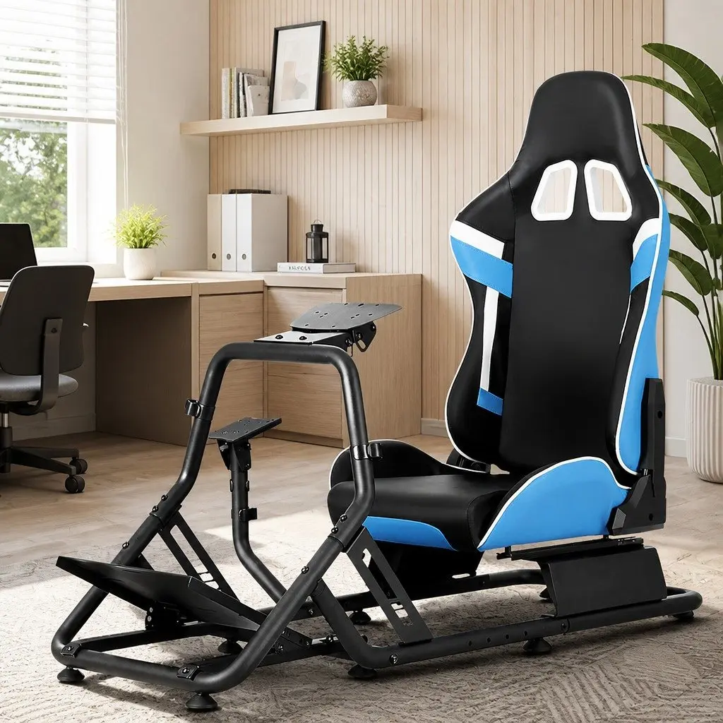 Racing Simulator Cockpit Gaming Chair Adjustable Steel Frame PVC Leather Black or Blue