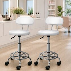 White Adjustable Height Salon Stool with Backrest x2