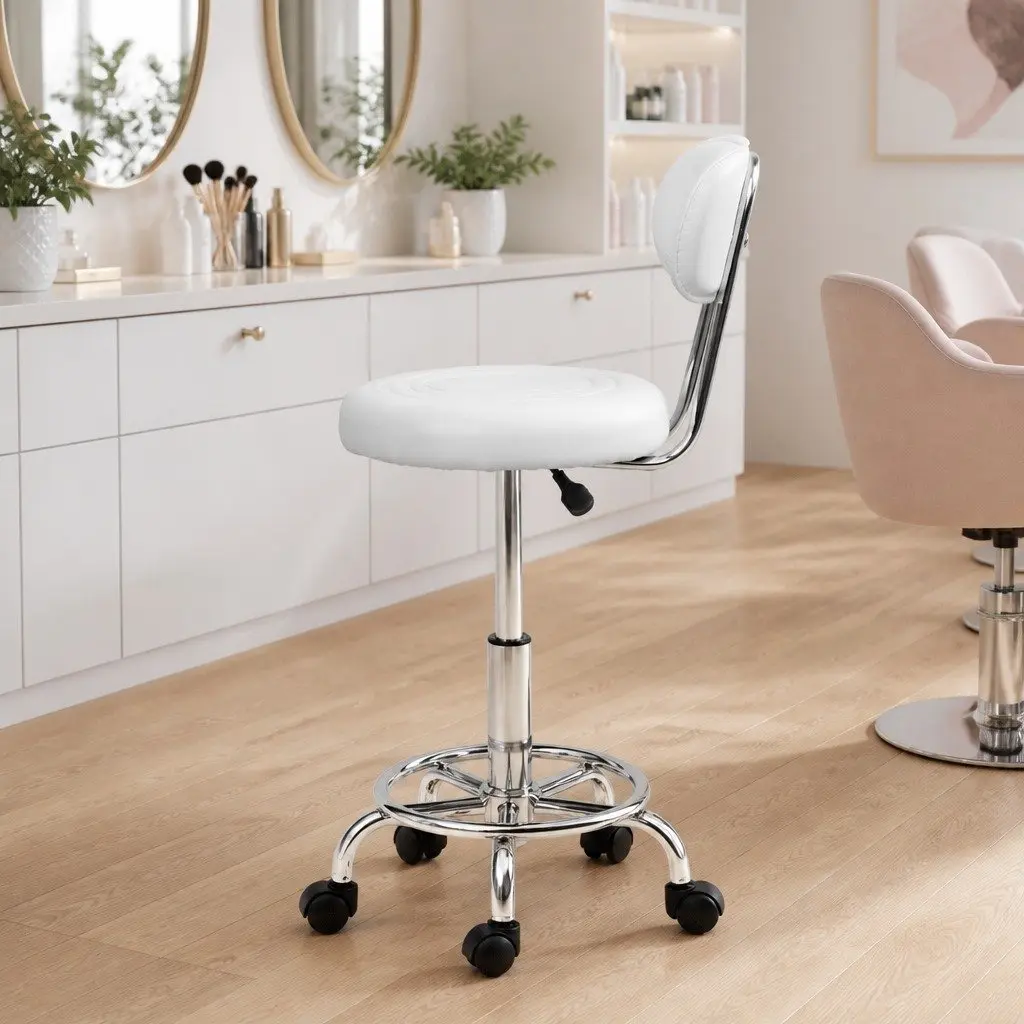 White Adjustable Height Salon Stool with Backrest x2