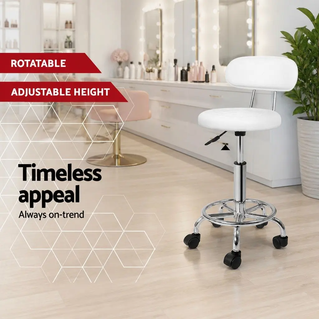 White Adjustable Height Salon Stool with Backrest x2