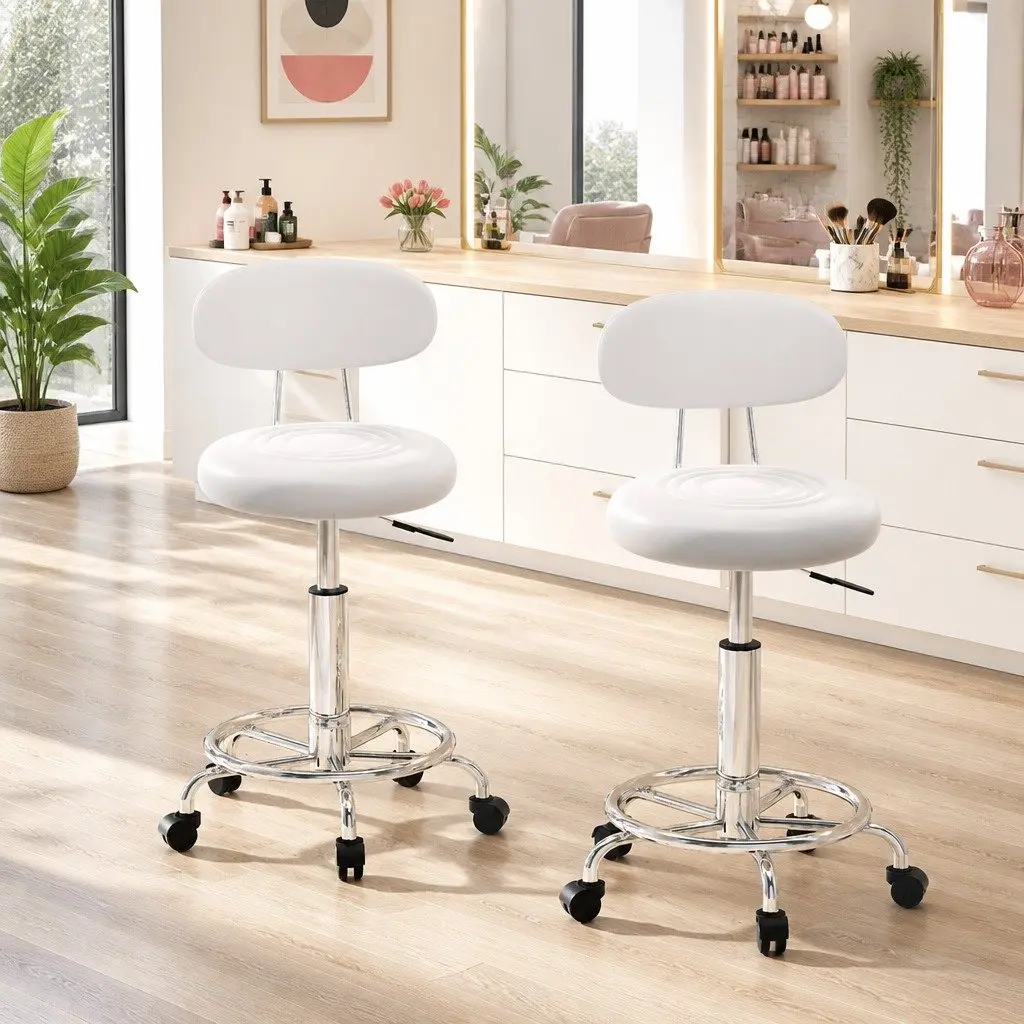 White Adjustable Height Salon Stool with Backrest x2