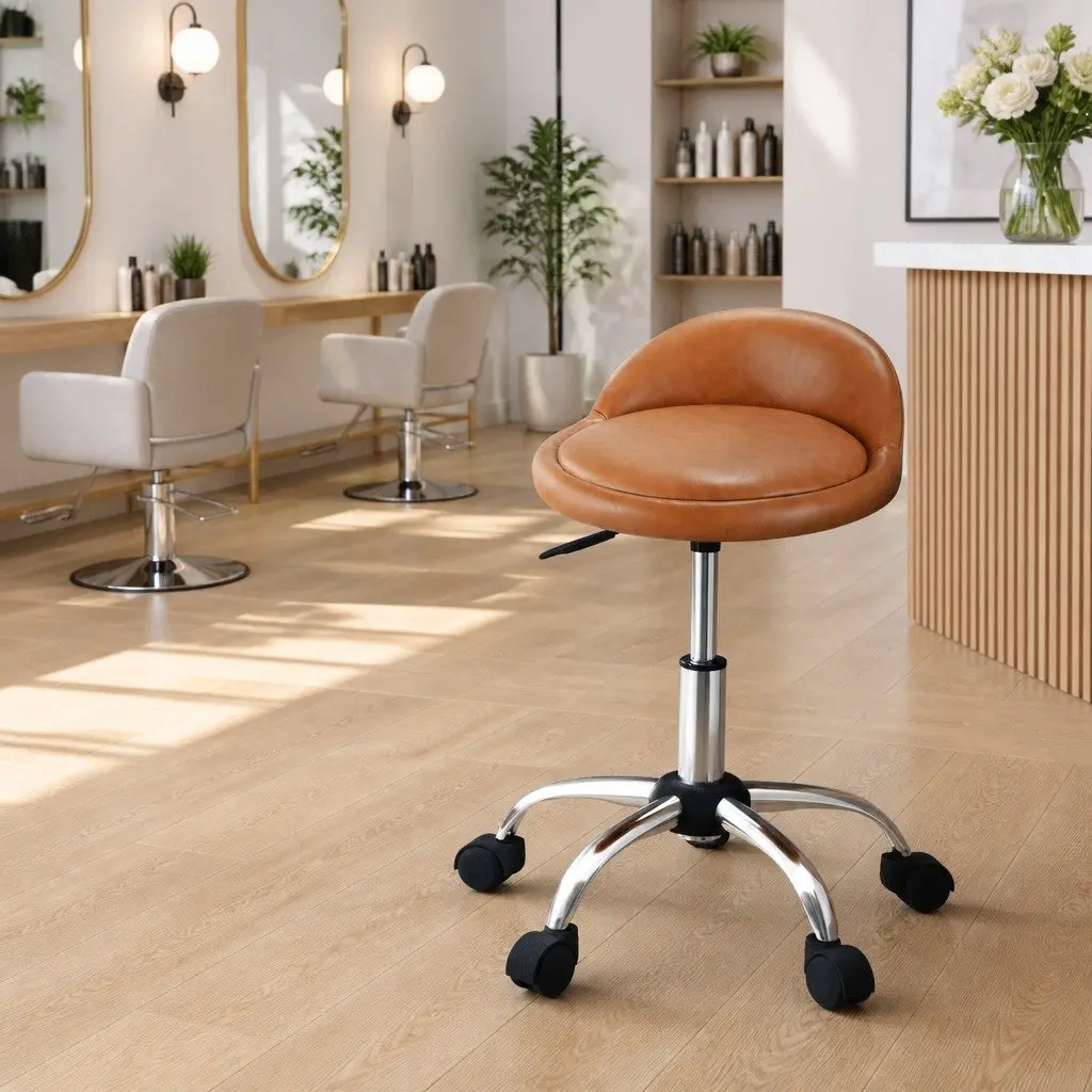 Salon Stool Swivel Chair Brown Adjustable Height PVC Leather with Backrest and Castor Wheels