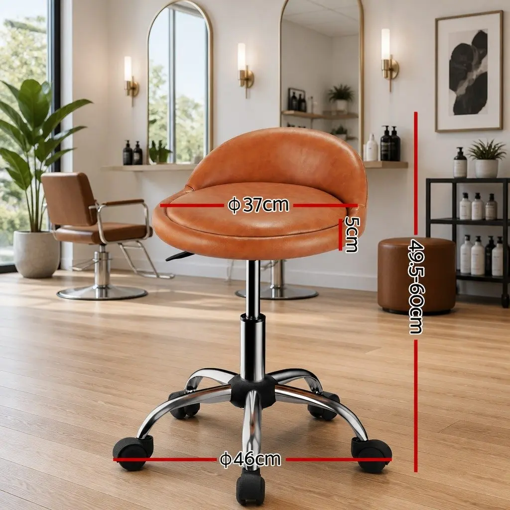 Salon Stool Swivel Chair Brown Adjustable Height PVC Leather with Backrest and Castor Wheels
