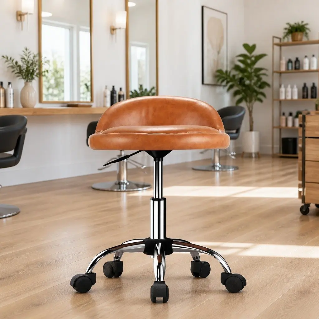 Salon Stool Swivel Chair Brown Adjustable Height PVC Leather with Backrest and Castor Wheels