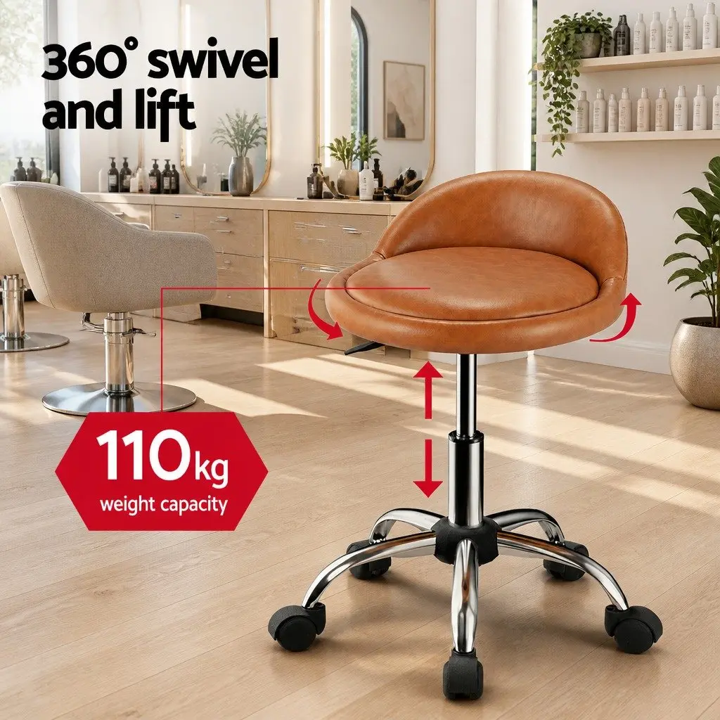 Salon Stool Swivel Chair Brown Adjustable Height PVC Leather with Backrest and Castor Wheels
