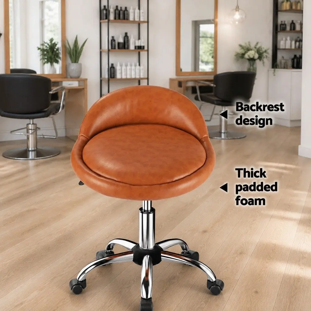 Salon Stool Swivel Chair Brown Adjustable Height PVC Leather with Backrest and Castor Wheels
