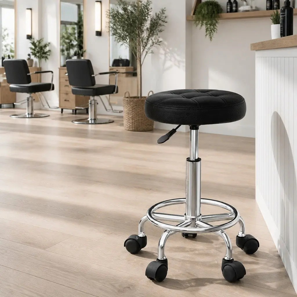 Salon Stool Round Swivel Chair Black PU Leather Adjustable Height Chrome 50.5cm to 66cm