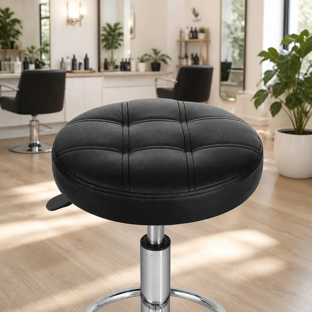 Salon Stool Round Swivel Chair Black PU Leather Adjustable Height Chrome 50.5cm to 66cm