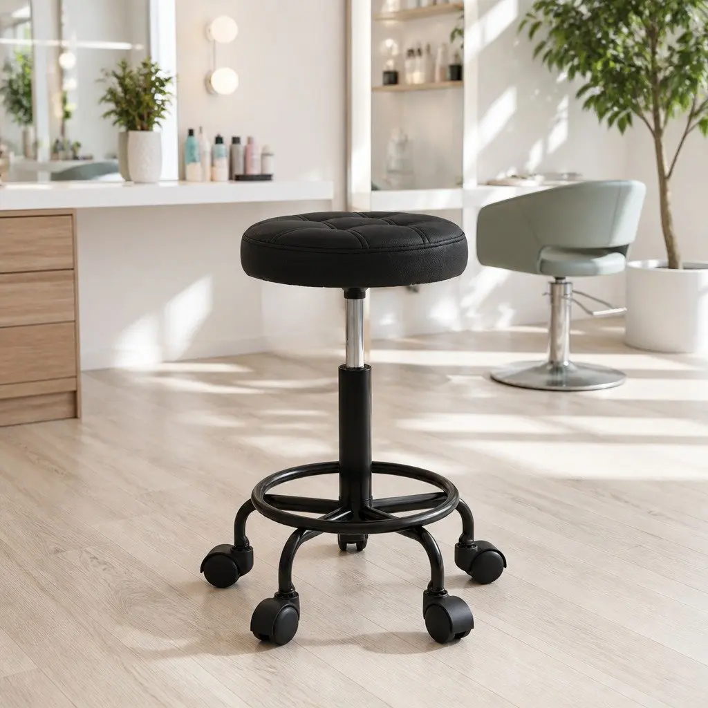 Salon Stool Round Swivel Chair Black PU Leather Adjustable Height Chrome Iron Base