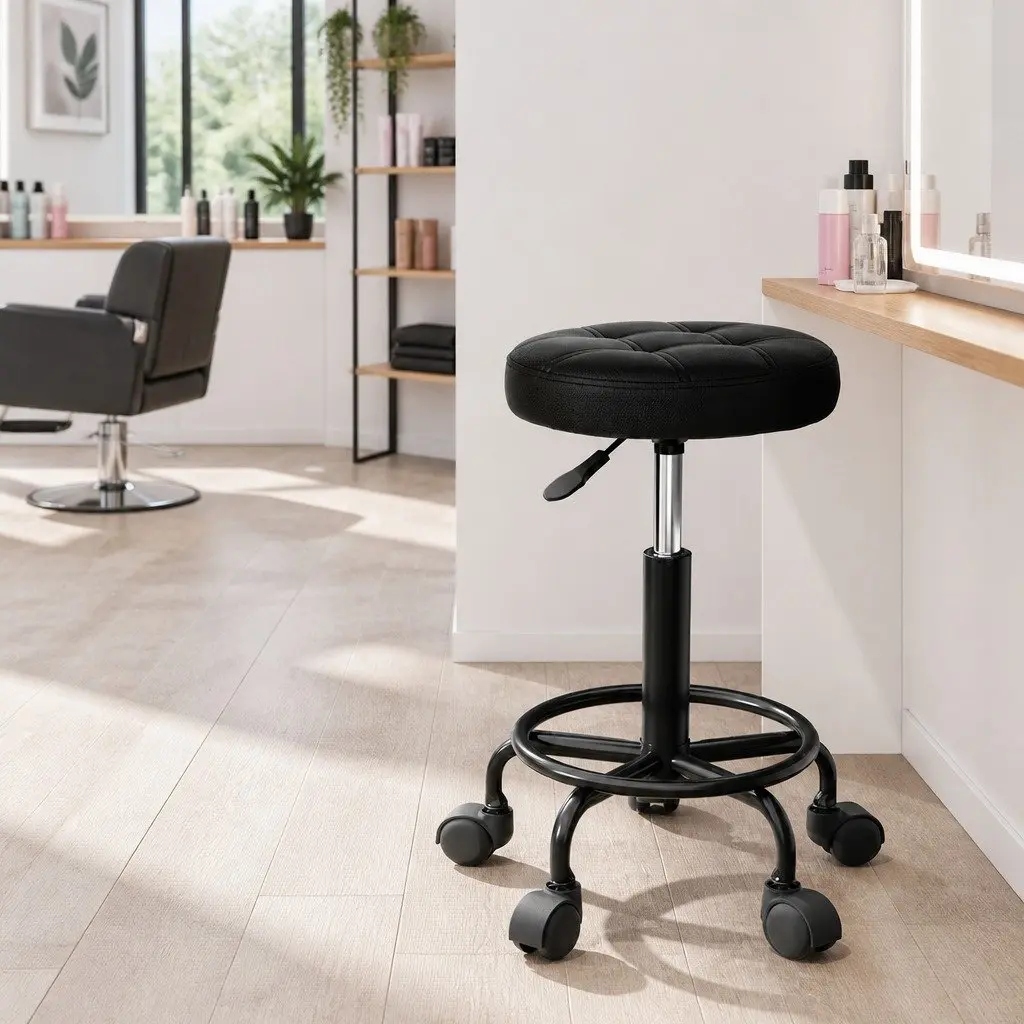 Salon Stool Round Swivel Chair Black PU Leather Adjustable Height Chrome Iron Base