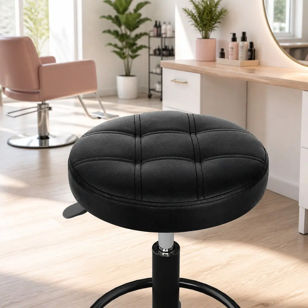 Salon Stool Round Swivel Chair Black PU Leather Adjustable Height Chrome Iron Base