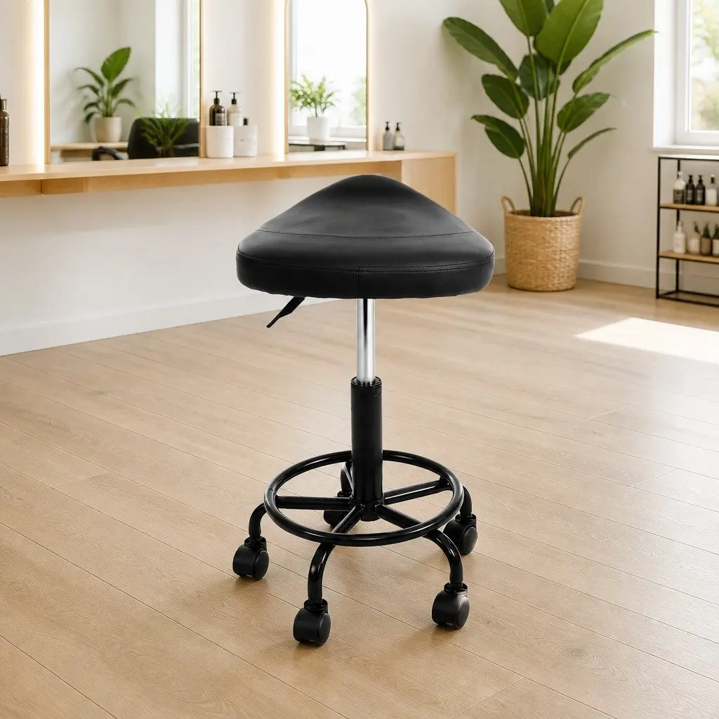 Black Adjustable Height Salon Stool with Saddle Seat