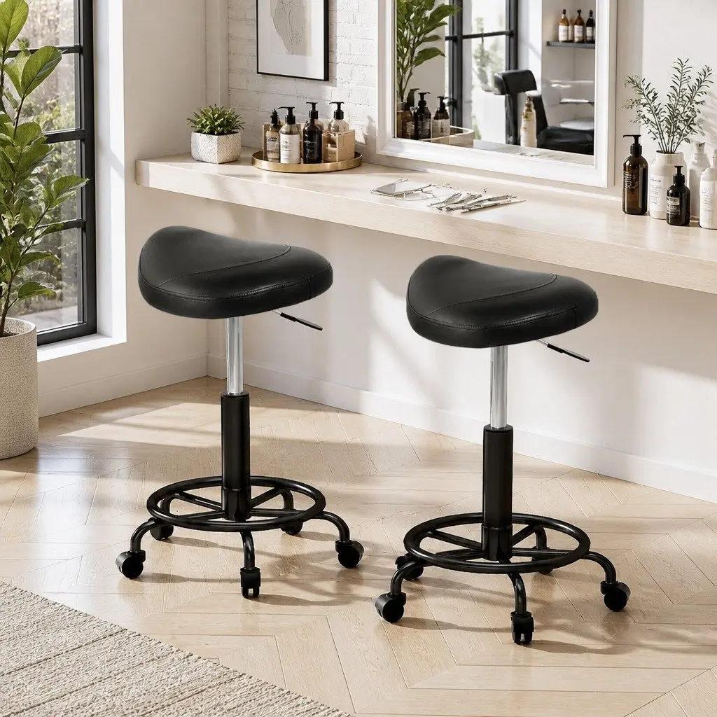 Black Adjustable Height Salon Stool with Saddle Seat